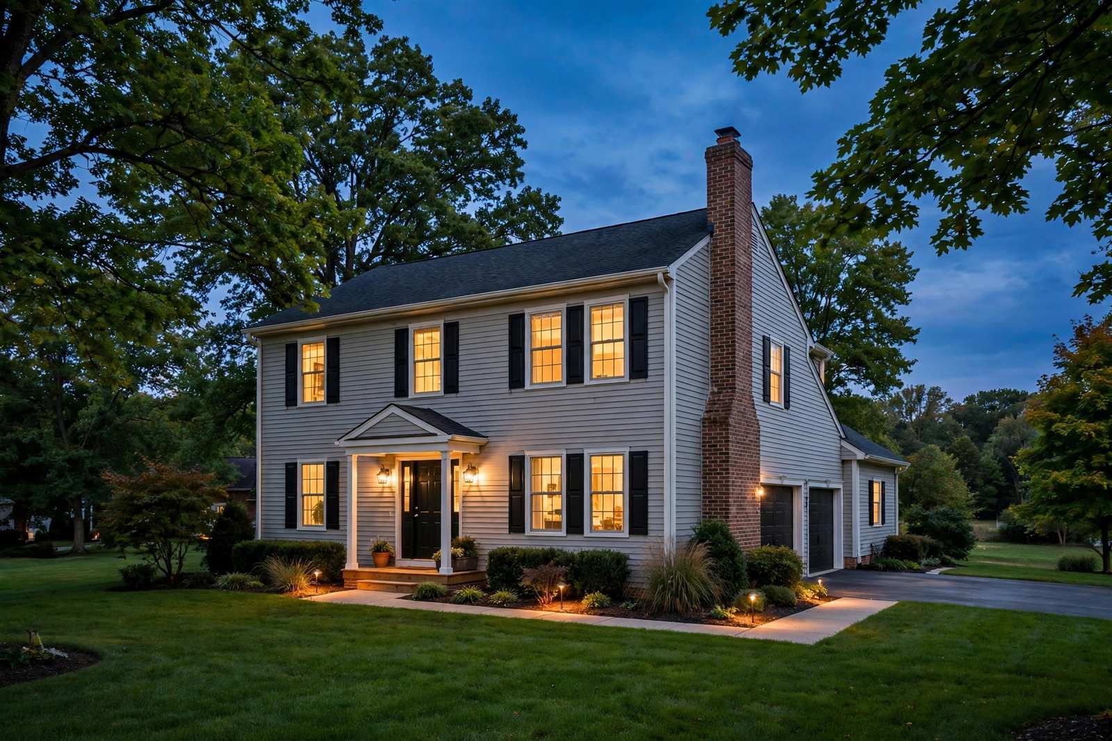 Cincinnati home with new siding at dusk